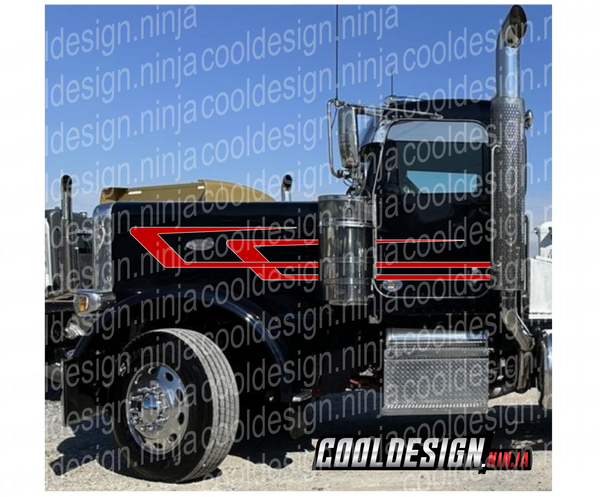 Red and Silver 389 Overwedge Daycab Peterbilt Stripe Kit