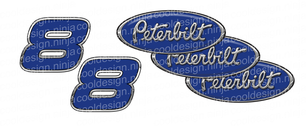 Custom Blue and Chrome Peterbilt Emblem Skins with Unit Numbers